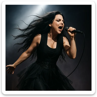 Amy Lee performing on stage, expressive pose, gothic rock style, dark flowing hair, black outfit, spotlight effect sticker