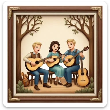 Icon for Country Music: The Carter Family, featuring a vintage scene with an acoustic guitar, banjo, and autoharp. Classic country aesthetics with warm, rustic tones, symbolizing their influence on folk and country music. Transparent background. sticker