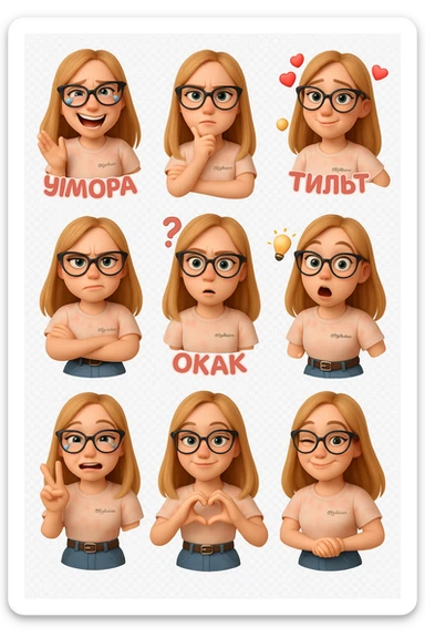«Создай набор из 12 наклеек в стиле 3D cartoon  женского персонажа (30 лет выглядит моложе)  с прямыми светло русыми волосами ниже лопаток, светлой кожей, большими выразительными голубыми глазами, черные очки для зрения формы кошачий глаз, нос чуть с горбинкой.
Персонаж должен носить пастельную розово-бежевую тай дай футболку с вышивкой @ByUnicorn, голубые джинсы фасона мом, персонаж должен иметь разные выражения: смех до слез и подпись внизу пастельно-розовым текстом УМОРА, задумчивость, влюбленность (с сердцами вокруг головы), злость с паром из носа и подписью внизу пастельно розовым текстом ТИЛЬТ, растерянность (со знаком вопроса) и подпись пастельно-розовым текстом ЧОРИЛ?, наличие идеи (с зажженной лампочкой), плач со слезами из глаз, удивление с открытым ртом и подписью пастельно розовым текстом ОКАК, улыбка и  подмигивание, знак мира рукой, создание сердца руками, бегство со всех ног. Размер картинки не ограниченный, чтобы все наклейки вместились без обрезки. Стиль мультяшный  DreamWorks, мягкий свет, прозрачный фон, и добавь персонажу в руки графический планшет следи чтобы выглядело органично, красиво, не нарушая законы природы и физики, можешь добавить в другую руку перо от графического планшета, если это будет позволять смысл стикера» sticker