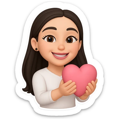Create a chibi sticker of the girl from the reference image holding a pink heart and smiling. Use 3D bitmoji style with a white outline and transparent background. sticker