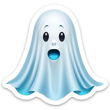 A hilariously exaggerated floating sheet ghost, its simple yet expressive form billowing with animated energy in vibrant whites and pale blues, with two wide, comically shocked eyes and a quirky, startled mouth, simplified yet overflowing with personality, highly detailed with a soft neon-like glowing outline, capturing the playful absurdity of a ghost caught off guard! sticker
