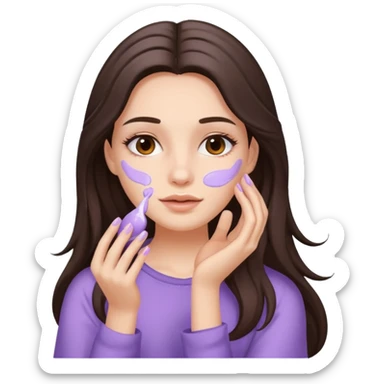 brunette girl with long hair applies lavender cream to her face sticker