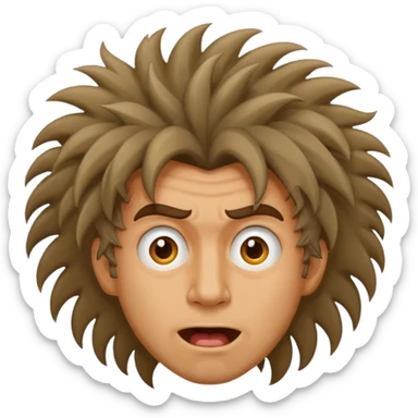a man with wild hair and a crazy face sticker