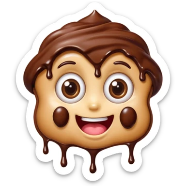 Funny cartoon chocolate mini pastry, crazy wide eyes, messy chocolate dripping, smiling distorted face, chibi style, Twitch emoji style, transparent background, colorful sticker