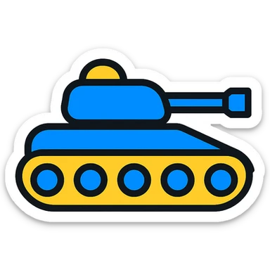 Ukrainian battle tank in blue and yellow national colors, color outline icon style sticker