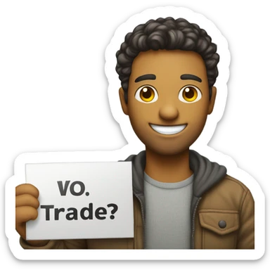 smiling male portrait indoors holding a sign that says “Trades?” sticker