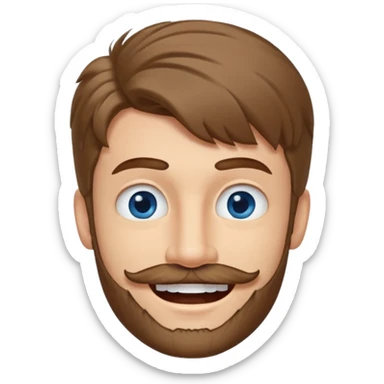 25 year old man, short scruffy beard and thin moustache, brown puffy mullet, blue eyes, big smile, white teeth, big lips, pronounced jaw, hair longer in back, sticking up on top, thin face sticker