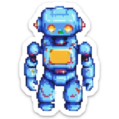 toy robot, pixel art style, blocky and retro sticker