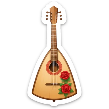 Create a refined and traditional emoji representing the 'Prima' balalaika. The design should feature the distinctive triangular shape of the balalaika, with visible strings and a beautifully crafted wooden body. Add subtle details like a decorative rosette or pick to emphasize the craftsmanship. Use warm wood tones, like rich browns and honey shades, to highlight the traditional and premium nature of the instrument. The background should be transparent. sticker