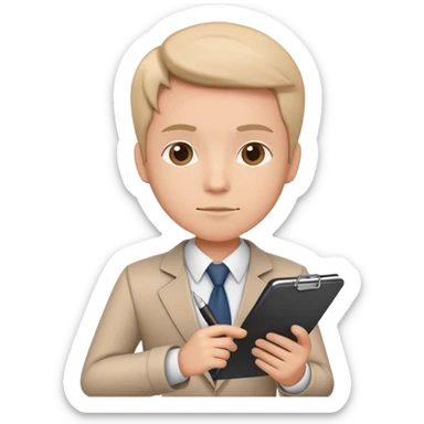 a person holding a checklist and pen, wearing smart casual clothing. The character is in a focused pose sticker