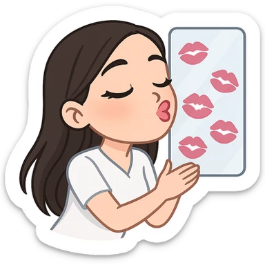 Create a chibi sticker of the girl from the previous successful bitmoji chibi stickers, kissing the screen with the screen covered in lipstick marks. She has long hair, the same face and style, with a white outline and transparent background. sticker