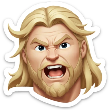Cinematic Realistic Thor Portrait, head tilted slightly with a dramatic, wide-open yawn, revealing a relaxed yet powerful presence. The natural interplay of light accentuates his muscular contours and tender expression, balancing his legendary might with an unexpectedly human moment of repose. sticker