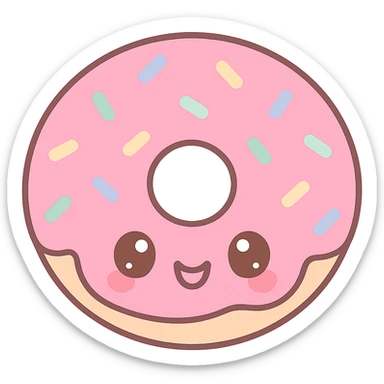kawaii style donut, happy expression, pink icing, colorful sprinkles, cartoon style, joyful mood sticker