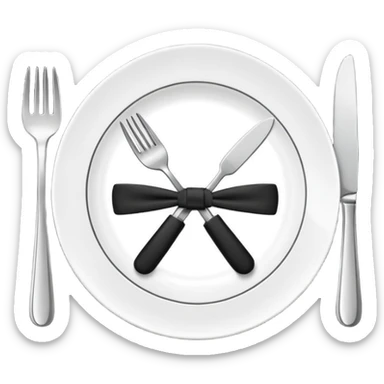 Minimalistic flat vector icon, iOS style, thin black contour on white background. Fork and knife crossed on a plate with a small bow tie above. Clean, no text, no shadows sticker
