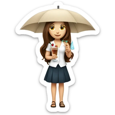 White cute girl with long brown hair holding a cocktail with a tiny umbrella sticker