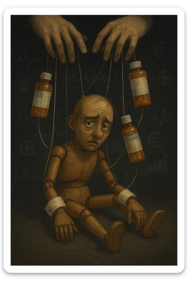 a marionette puppet with hospital bracelets and medication bottles as strings is controlled by unseen hands from above. The puppet’s face shows confusion and fatigue, representing the feeling of being managed by an invisible system. The background is dark, with faint images of medical charts and euro signs. in italiano sticker