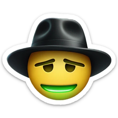 flushed face emoji with a green glowing face, wearing a black fedora hat sticker