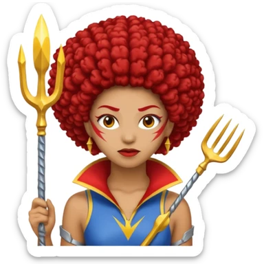 Emoji metisse femboy avec drapeau ukrainien arriere plan, un afro, sourcils rouge, fourche trident, et eclairs sticker