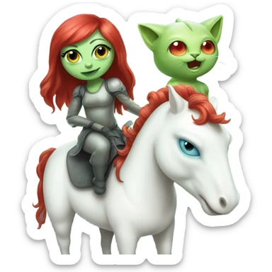 [politically incorrect
	{ woman: alien, color: light green, hair:red, eyes:cat} ]
	on a 
	[{ unicorn: white, legged:four, mane: light blue }] sticker