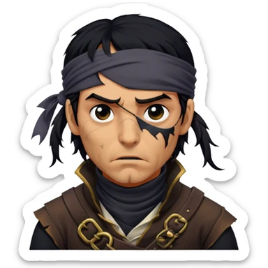 A battle-worn pirate with tangled black hair, a torn eye patch, and a deep scar running down his cheekturtleneck, staring blankly at the viewer sticker
