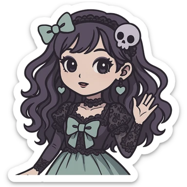Edit the image of a dreamy pastel goth K-pop girl with dark lavender and mint colors, gothic lace, and a whimsical pose. The girl should have adorable accessories. Remove the background. The style should reflect dreamy pastel goth with gothic lace and a dark lavender and mint color palette. sticker