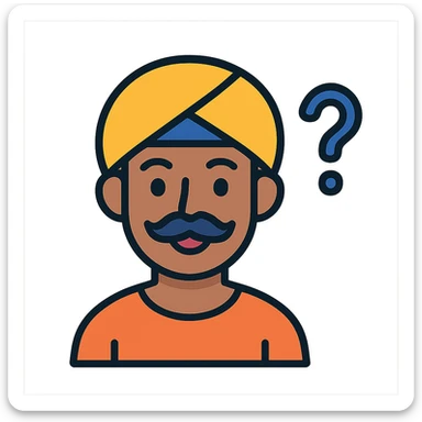 smiling, curious Indian young man with a moustache, flat color icon style sticker