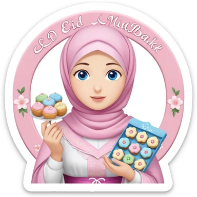 Turkish beautiful finish Konya girl blue eyes with pastel sakura hijab islamic dress and had on her hand text Eid Mubarak with sweets and celebrating with her friends eid days   sticker