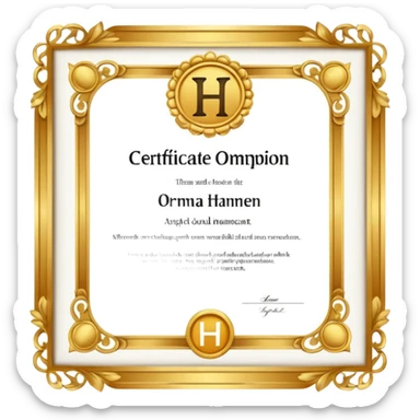 certificate with the letter H inside, bold font sticker