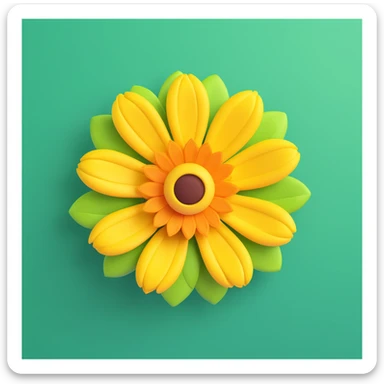 close-up yellow flower with layered petals, 3D iOS emoji style, natural green leafy background sticker