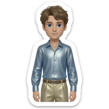 Brady Corbet with blue eyes, dark blonde hair, light steel blue metallic shirt, beige metallic baggy pants, silver necklace sticker
