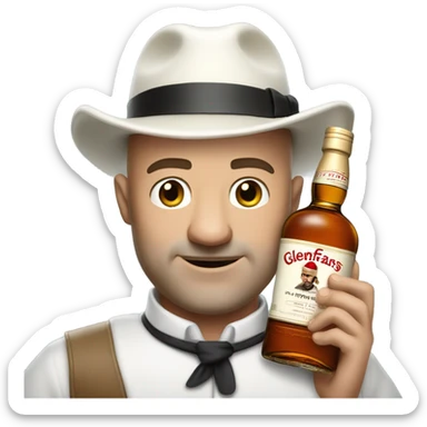 realistic meme of bald man with white bart mit jackey with Glenfarclas 35yo sticker