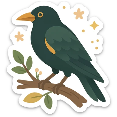 A mysterious crow perched on a branch, surrounded by a soft, magical atmosphere. The crow’s feathers are deep, dark hues with hints of golden orange (FA9B41), forest green (4A7C5C), muted taupe brown (96775A), and pastel peach (FFCC9A) subtly blending into its plumage. The branch is weathered and textured, with small leaves in green and peach tones, and delicate flowers or tiny sparks floating around. The lighting is soft and ambient, casting a warm, mystical glow over the scene, creating a quiet yet enchanting atmosphere. The crow’s sharp eyes and poised posture add to the mysterious, slightly gothic vibe of the moment sticker