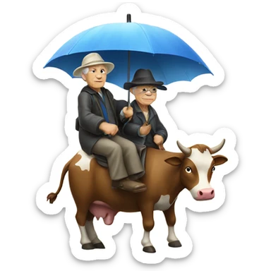an old person wearing a hat riding a cow with umbrella  sticker