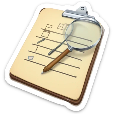 A clipboard with a checklist and a magnifying glass hovering over it sticker