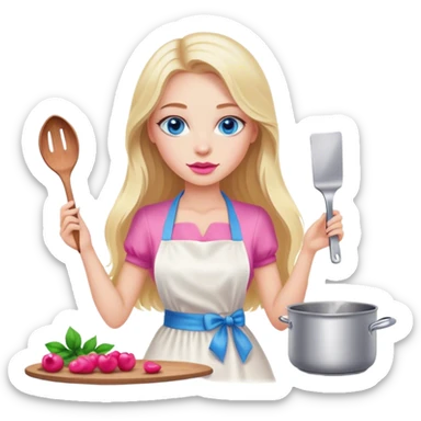 Cinematic realistic beautiful blonde with long hair, blue eyes and pink lips in a white dress cooks sticker