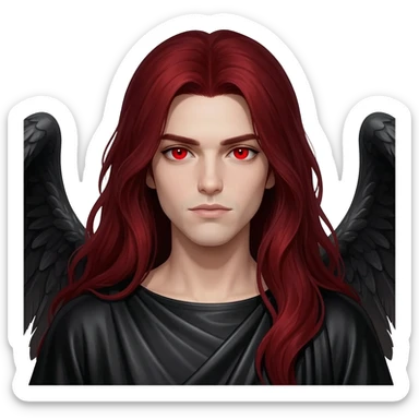 Fallen Angel from Christian Mythology with red eyes, long dark red hair, black metallic toga sticker