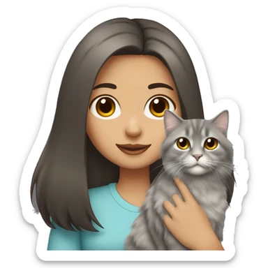 Dark brown straight hair girl holding fluffy Siberian gray cat  sticker