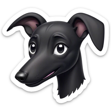 Cinematic Comical Black Greyhound Portrait Emoji, Head tilted dramatically with an exaggeratedly amused expression, featuring a glossy jet-black Fur and wide, expressive dark eyes filled with playful disbelief, Simplified yet hilariously expressive features, highly detailed, glowing with a slightly sassy glow, high shine, dramatic yet playful, stylized with an air of cheeky mischief, bright and endearing, soft glowing outline, capturing the essence of a spirited and over-the-top racer, so meme-worthy it feels like it could side-eye its way into internet fame instantly! sticker