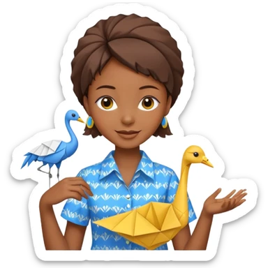 happy-african-young-girl-with-brown-african-hair-in-a-white-colorful-vintage-kanga-shirt-holds-an-origami-yellow-and-blue-crane sticker