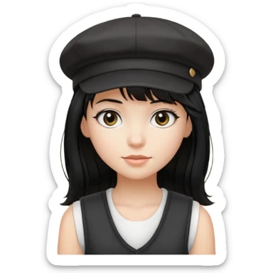 pinterst girl with heavy bang, black long hair and black newsboy cap on her hat, wearing white sleeveless  sticker