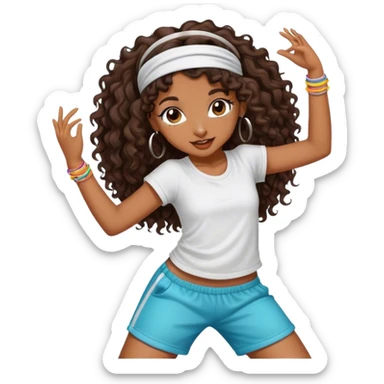 Dancing brown girl with long darn brown curly hair with headband hip hop sticker