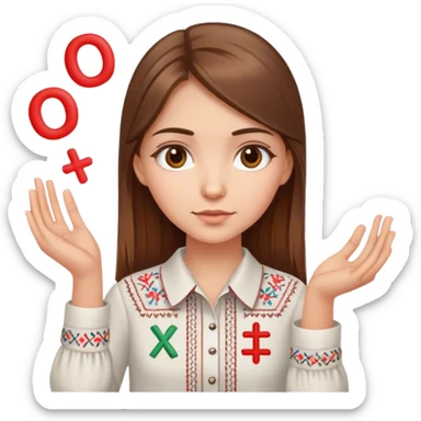 A Ukrainian girl with brown hair wearing an embroidered shirt holds mathematical signs in her hand sticker