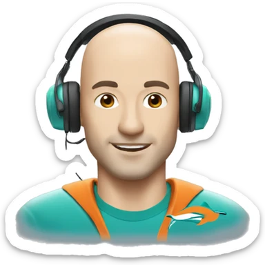 white bald and  man wearing a black cap and a headset with a miami dolphins t-shirts sticker
