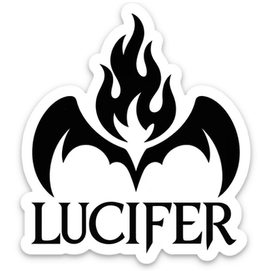 Lucifer's emblem, dramatic, dark, and mystical, with a stylized flame or fallen angel motif, bold and iconic sticker