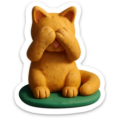 cat covering its face with its paws, claymation style sticker