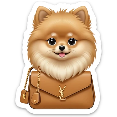 Pomeranian with a ysl bag sticker