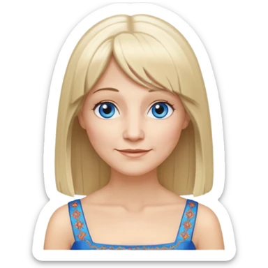 50 yr old white woman, hippie parted very long hair, short bangs, very long straight blond hair, oval face, small smile, blue eyes, thin face, hair downback, hair parted at center of head, round cheeks, pale, longer hair, white evening dress sticker