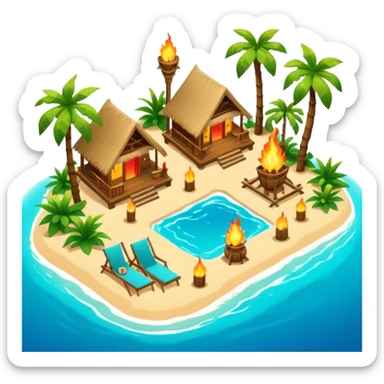 glowing tropical beach resort in airbnb style isometric sticker