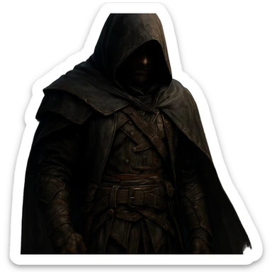a man in assassin attire, dark cloak, hidden face, fantasy style, detailed, cinematic lighting sticker