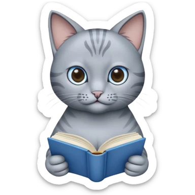 gray Cat reading blue book sticker